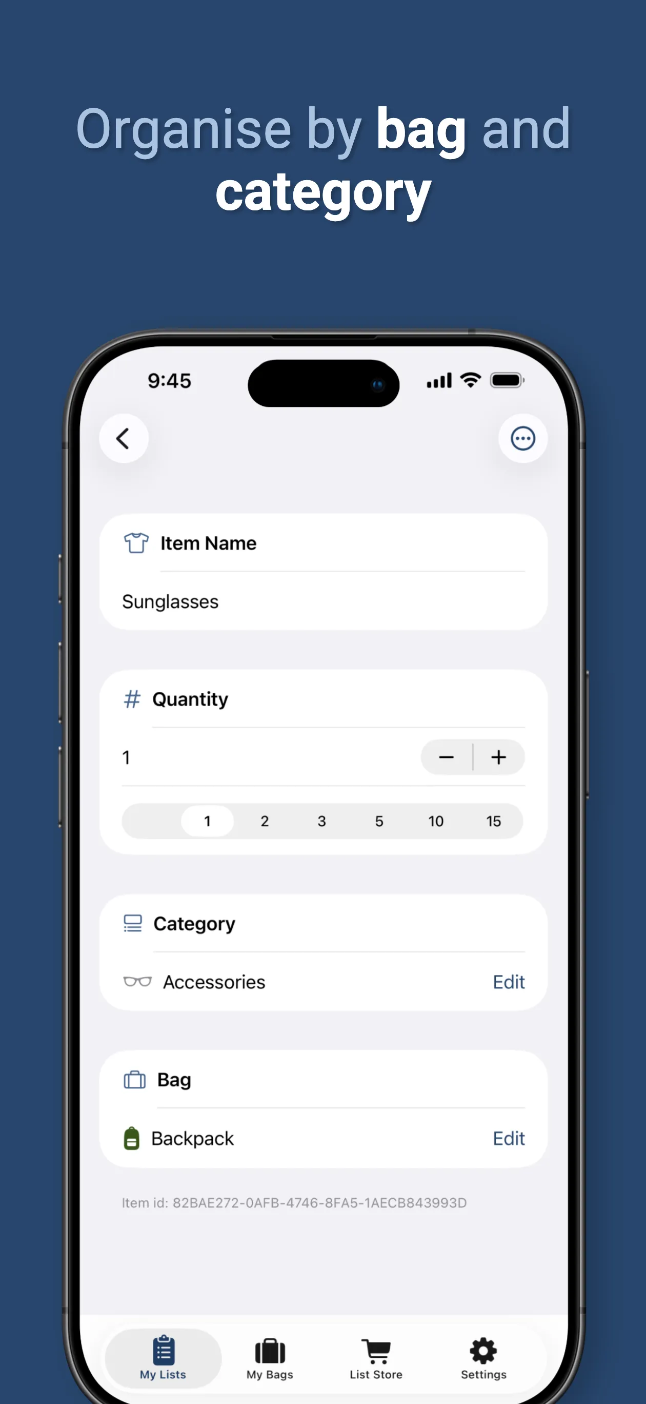 Adding an item with a quantity, a category and a bag