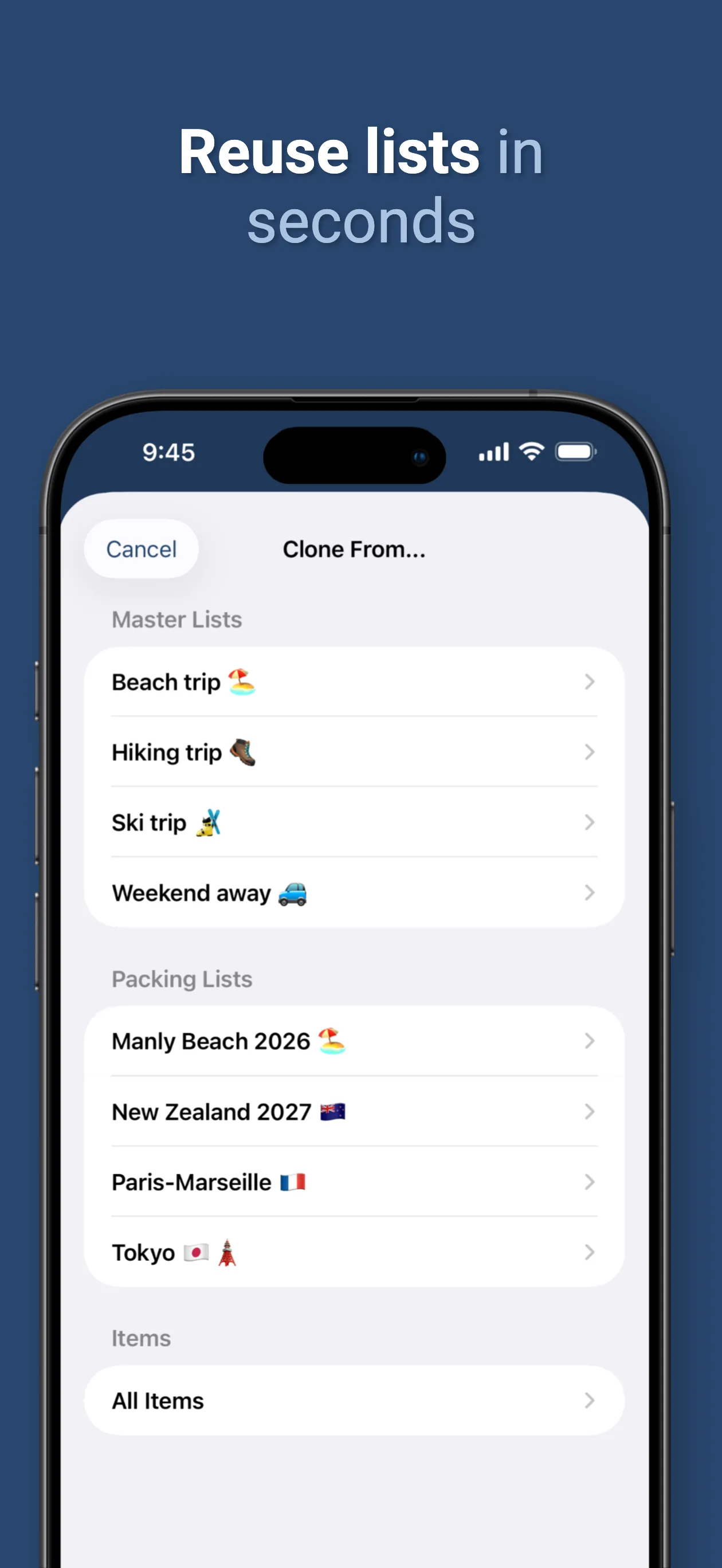 Starting a new trip by cloning from an existing master or packing list