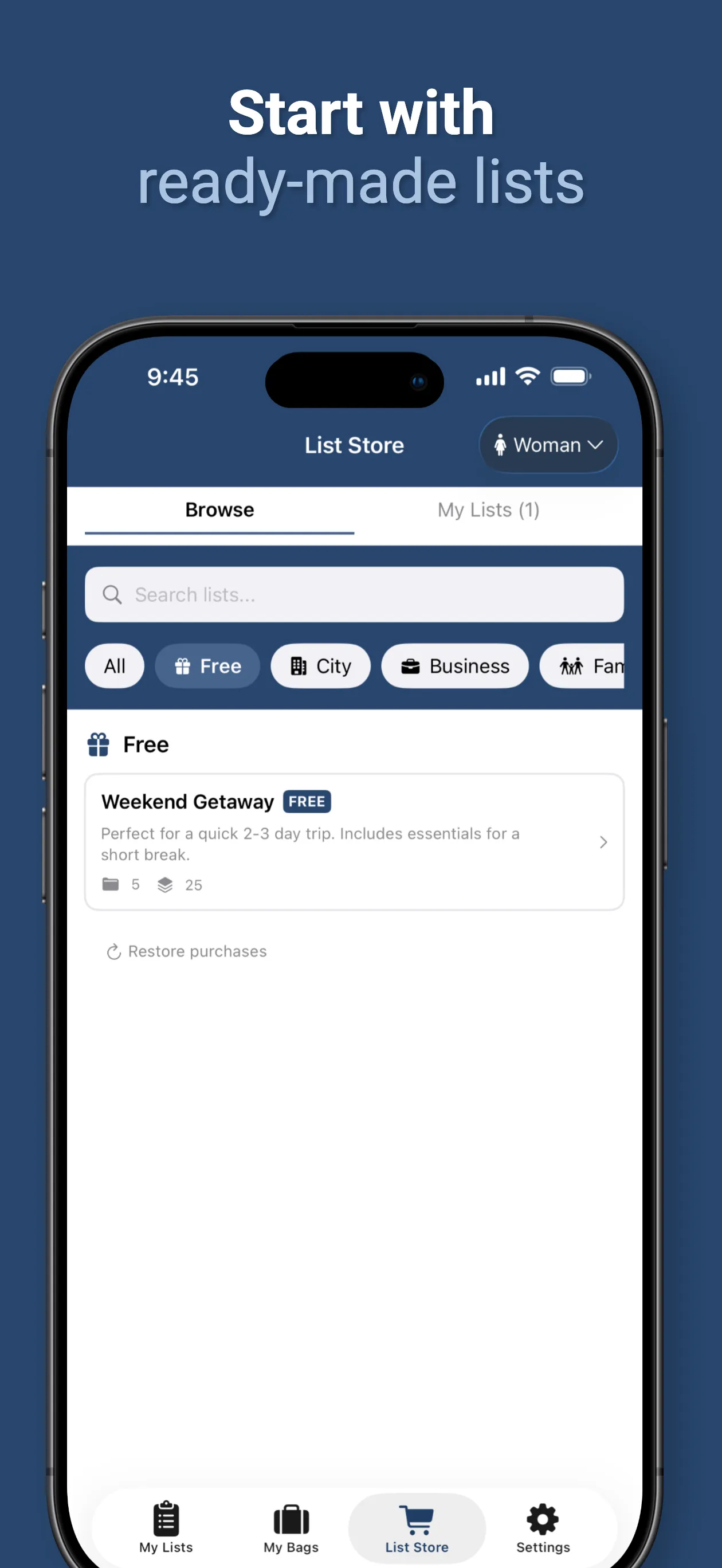 The List Store, browsing ready-made packing lists with the free ones marked