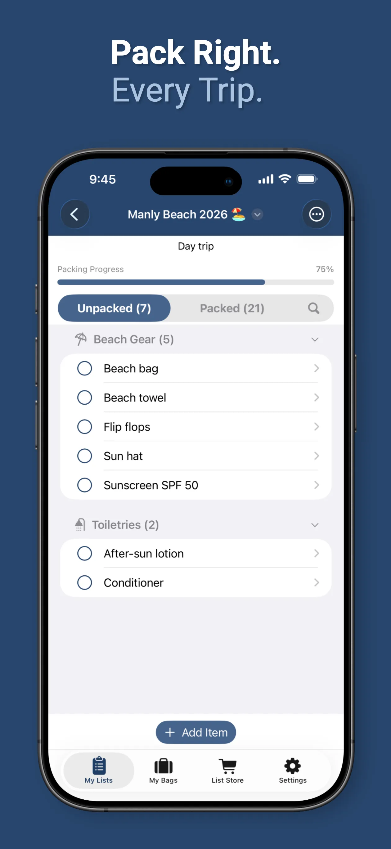 A trip packing list, its progress bar, and items grouped by category
